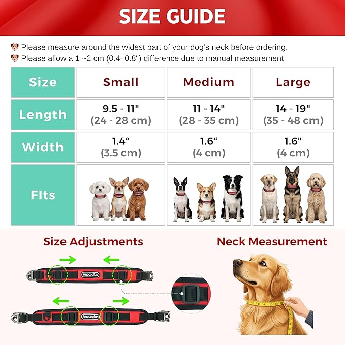 Comfort Fit Dog Collar, Anti-Choke Neck Safe Dog Training Collar, Wide Padded, Breathable, Adjustable with Dual D-Rings, Soft Cushion Neck Protector for Dogs (S, Red)