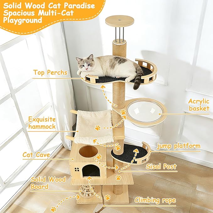 Cypherx Floor to Ceiling Cat Tree, 6 Tier Tall Cat Tower Adjustable Height (81-109 in), Modern Cat Tree Tower for Indoor Cats with Scratching Post, ransparent Capsule and Cozy Hammock, Wood