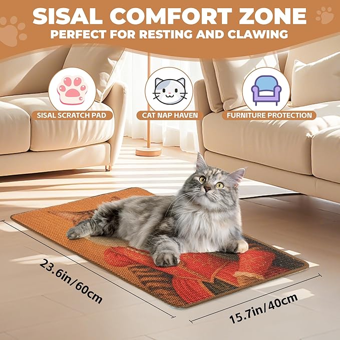 Sisal Cat Scratcher Mat, Cat Wall Scratcher for Indoor Cats, 23.6x15.7 Inch Cat Scratch Pad with Hook & Loop, Wall Mounted Cat Scratching Post to Protect Couch and Carpet（Grace Cat）