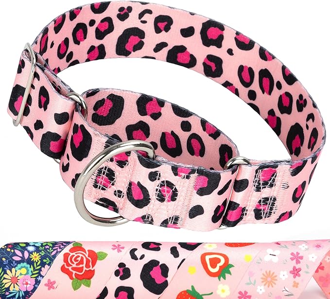 Martingale Collar for Dogs, Heavy Duty Adjustable Soft Nylon Dog Collars with Pink Leopard for Medium & Large XL Dogs (Pink Leopard,M)