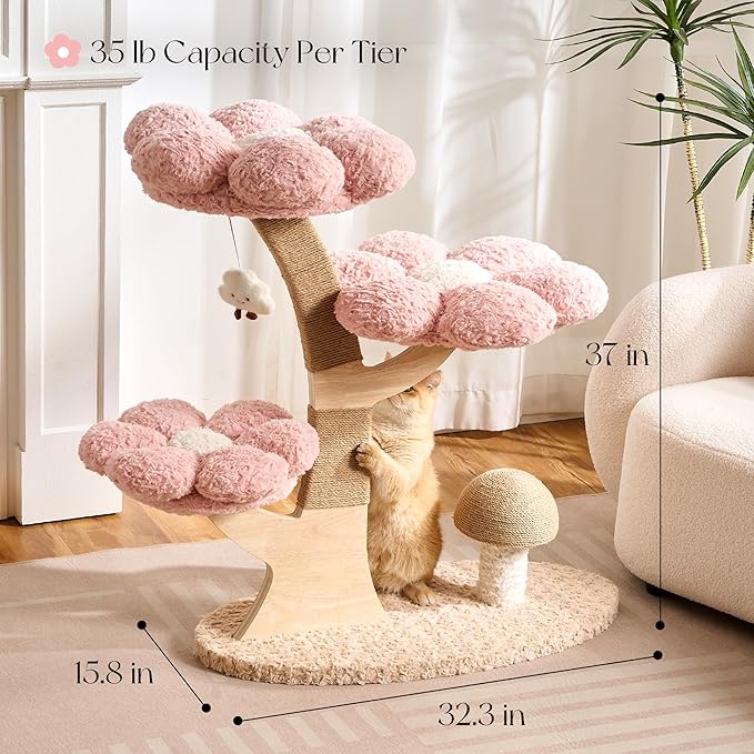 797Audio Flower Cat Tree, 37" Wood Branch Cat Tower, Pink Cloud Cat Tree with Scratching Post for Indoor Adult Cats, Luxury Cat Tree with Mushroom Cat Scratcher & Interactive Squeaky Toy