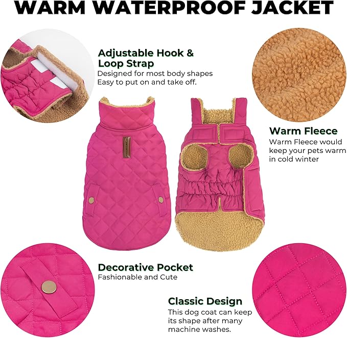 Dog Winter Coat, Warm Dog Jacket Windproof Waterproof Pet Cold Weather Coats for Small Dogs, Turtleneck Fleece Lined Dogs Clothes with Leash Hole, Rose Red Medium