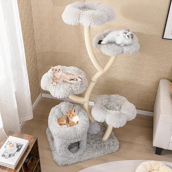 Tangkula Cat Tree Tower, 65 Inch Tall Cat Tower with Sisal Scratching Posts, Flower-Shaped Platforms, Padded Cat Condo, Modern Cat Tree for Indoor Cats Large Adult (Gray)