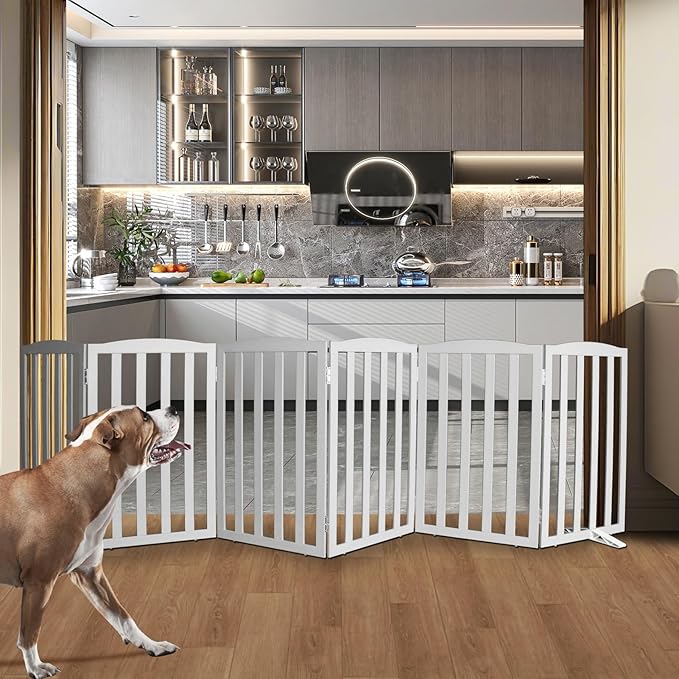 Freestanding Dog Gate Indoor,Doggie Gate Foldable Pet Gates for Doorways,Stairs or Hallways, Wooden Grey Pet Gate for the House, Pet Fence with Support Feet Included,32 "Height-6 Panels