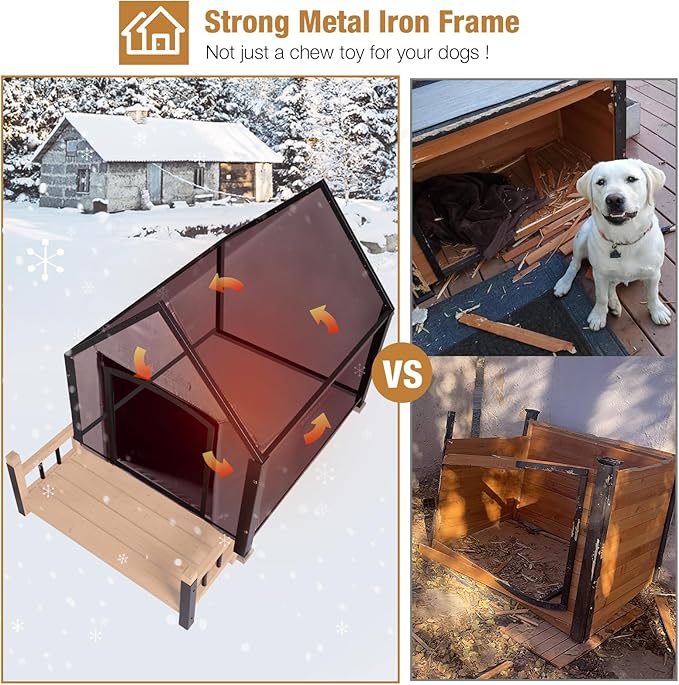 Dog House Outdoor with Insulated Liner Anti-Biting Metal Iron Frame Winter Dog Kennel for Small Mediun Dogs Weatherproof,Brown 100% Insulated