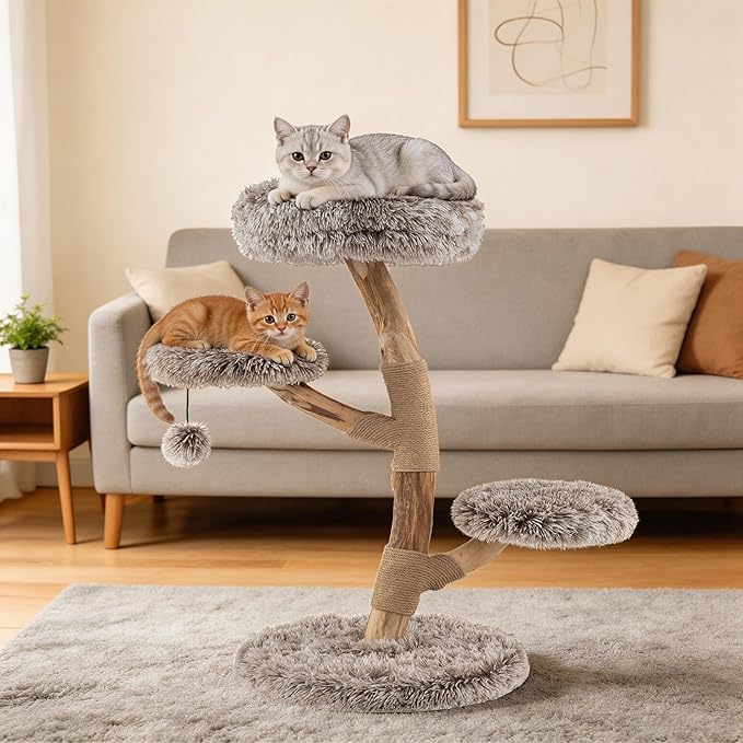 PETSITE 35.5-inch Wood Cat Tree, Multi-Level Real Pear Wood Modern Cat Tower with Jute Scratching Posts, Dangling Ball, Cozy Top Perch, 2 Jumping Platforms, Soft Long Plush Covered