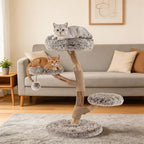 PETSITE 35.5-inch Wood Cat Tree, Multi-Level Real Pear Wood Modern Cat Tower with Jute Scratching Posts, Dangling Ball, Cozy Top Perch, 2 Jumping Platforms, Soft Long Plush Covered