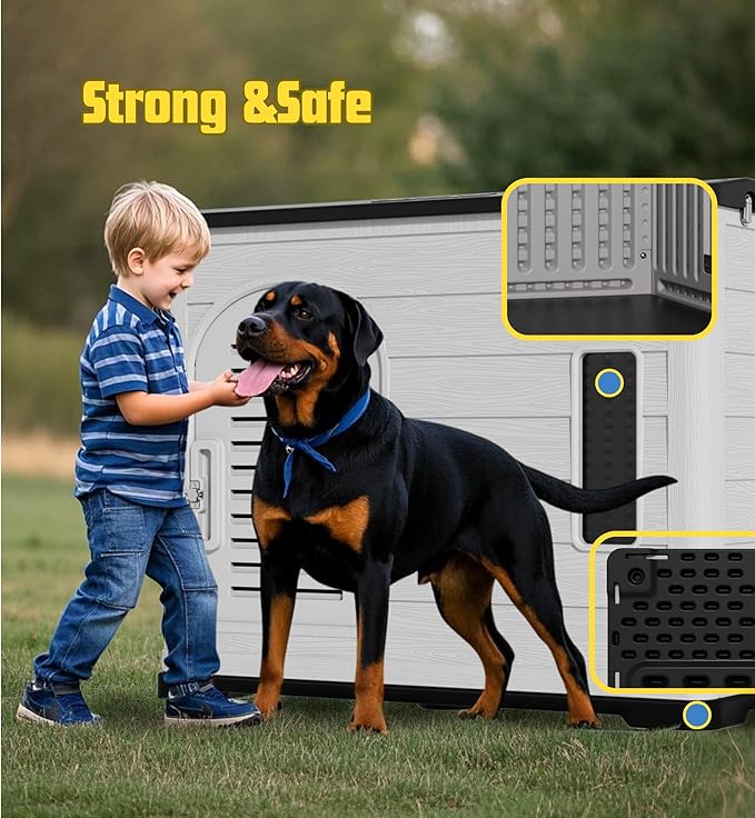 XLarge Durable Plastic Dog House for Big Dogs - Indoor Outdoor Double-Layer Insulated Doghouse with Open-Top Cover, Lockable SlidingDoor, Elevated Floor (46''L*38''W*39''H)
