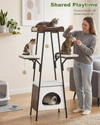 46-Inch Modern Cat Tree Tower for Large Cats, Multi-Level Cat Tower with Playful Toy Balls, Large Perch, Cat Condo, Removable Pads, White