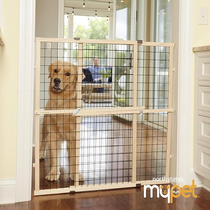 MYPET North States Extra Tall & Wide Wire Mesh Dog Gate: 29.5-48" Wide, 37" Tall, Natural Finish, Made in USA