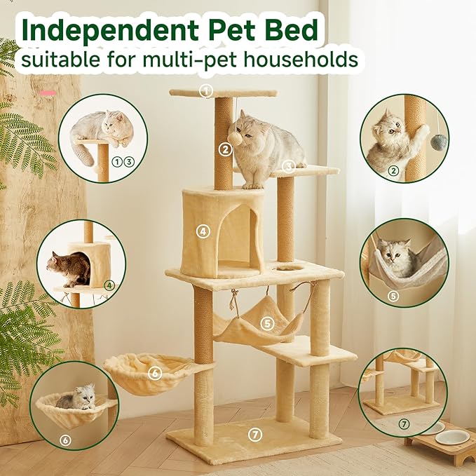 Deluxe Cat Tree Tower, 132cm Multi-Level Climbing Structure with Condo, Hammocks, Platforms, Beige Plush, Indoor Activity Center