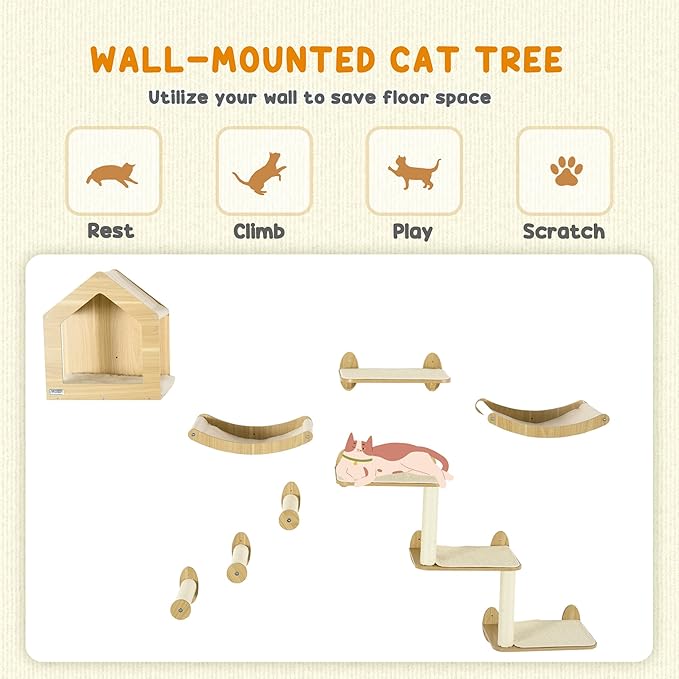 PawHut 8Pcs Wall Mounted Cat Tree Cat Shelf Set, Wall Furniture with Cat Hammocks, Condo, Perches, Steps, Modern Cat Tree for Indoor Cats