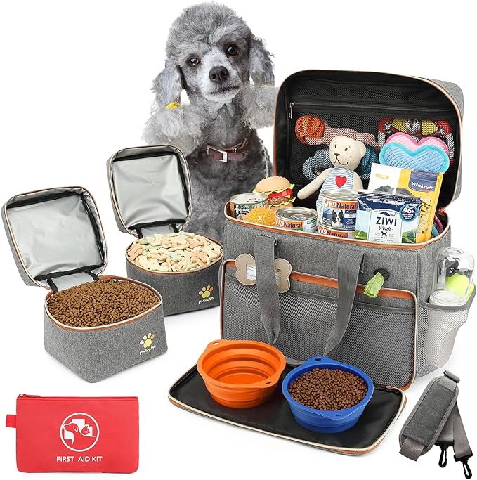 Dog Travel Bag for Traveling| Week Away/Overnight Dog Travel Accessories with Multi-Function Pockets| Travel Set for Dogs and Cats|Ideal Pet Diaper Bag and Pet Gift Kit(Grey)