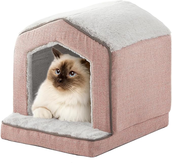 Orthopedic Cat House for Indoor Cats,Small Dogs,Super Soft Cat Bed Cave,Condos, Cubes,Cat Hideaway,Covered,Cat Bed for Kitty Small Medium Large Pet (Pink, 18" L x 15" W x 17" Th)