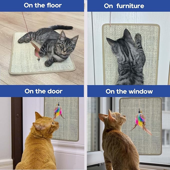 Cat Nail File Scratcher - Natural Sisal Scratch Mat with 80-Grit Aluminum Oxide, Adhesive Sheets & Expansion Screws for Secure Wall/Floor Mounting, Ideal for Trimming Cat Claws (13.38×16.53)