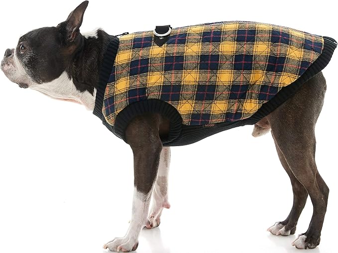 Gooby Fashion Vest Check Dog Jacket - Yellow Check, Large - Warm Zip Up Bomber Vest Dual D Ring Leash - Winter Water Resistant Sweater - Clothes for Small or Medium Dogs