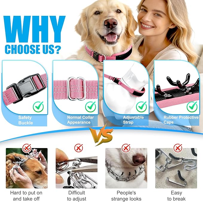 Lightweight Prong Collar for Dogs, Reflective No Pull Dog Collar | Adjustable Size Dog Pinch, Breathable Woven Fabric Air Grid Technology, Martingale Collar for Dogs Training（Pink-XL）