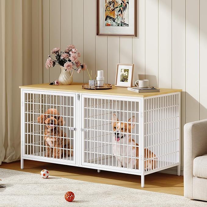 Dog Crate Furniture for 2 Dogs, 43.3" Dog Kennel with Removable Divider, Heavy Sturdy Dog Furniture Style Double Cage for Small Medium Dogs, Indoor Pet House End Table, Natural and White