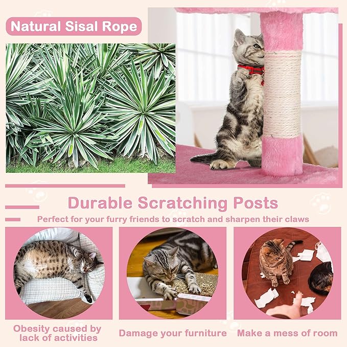 54'' Tall Cat Tree for Indoor Cats, Multi-Level Furniture with 3 Scratching Post, Stand Platform and 2 Condo, Tower Funny Toys, Corner Towers Large Pink