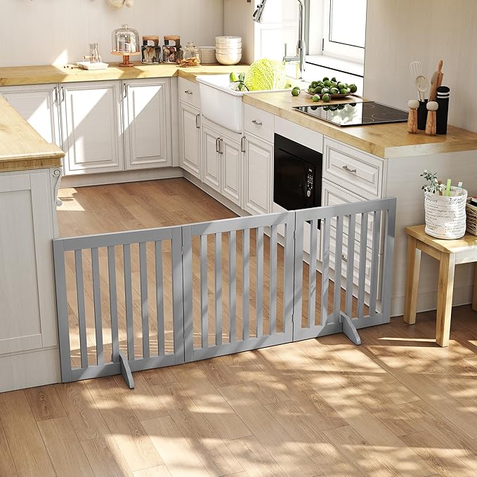 24”H Freestanding Wooden Pet Gate, Dog Gate for Stairs, Doorways, and Hallways, Step Over Foldable Pet Fence for Indoor Use, Support Feet Included, 60 inch Wide 3 Panels, Grey