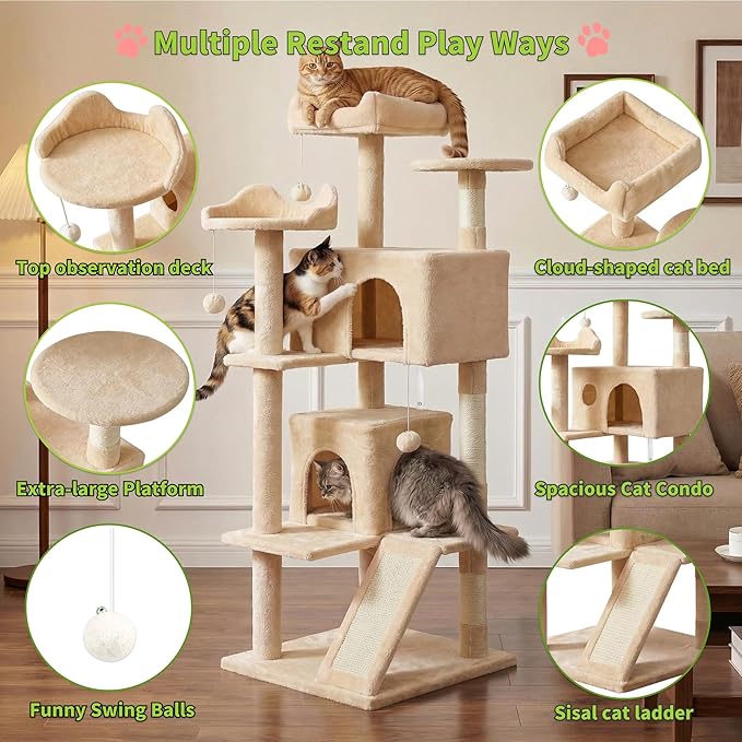 60.63in Cat Tree, Multi-Level Cat Tower with Spacious Kitten-Ear Perch, 2 Cozy Caves, Scratching Posts, Climbing Ladder, Durable Pet House Furniture for Indoor Kittens,Beige