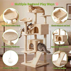 Pawly 60.63" Large Cat Tree with 2 Condos & Sisal Ramp, Premium CARB P2-Compliant Particle Board, 350G Plush Sturdy Cat Tower for Large Breeds, Senior Cats & Multi-Cat Household, Beige