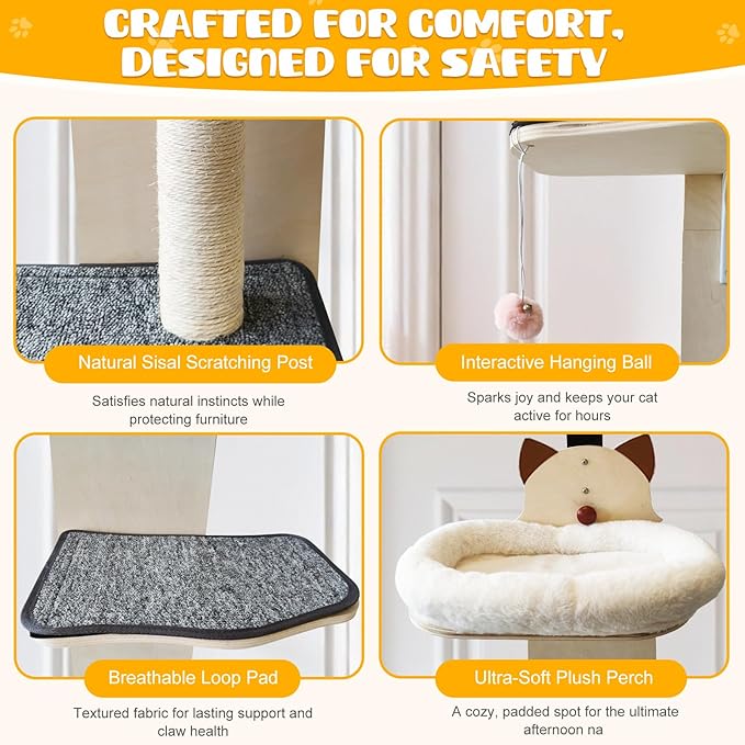 5-Levels Door Hanging Cat Climber, Vertical Door-Mounted Cat Tree Tower with Full Carpeted Plank & Cat Scratching Post for Small Medium Cats (5-Levels, Cat Head Style)
