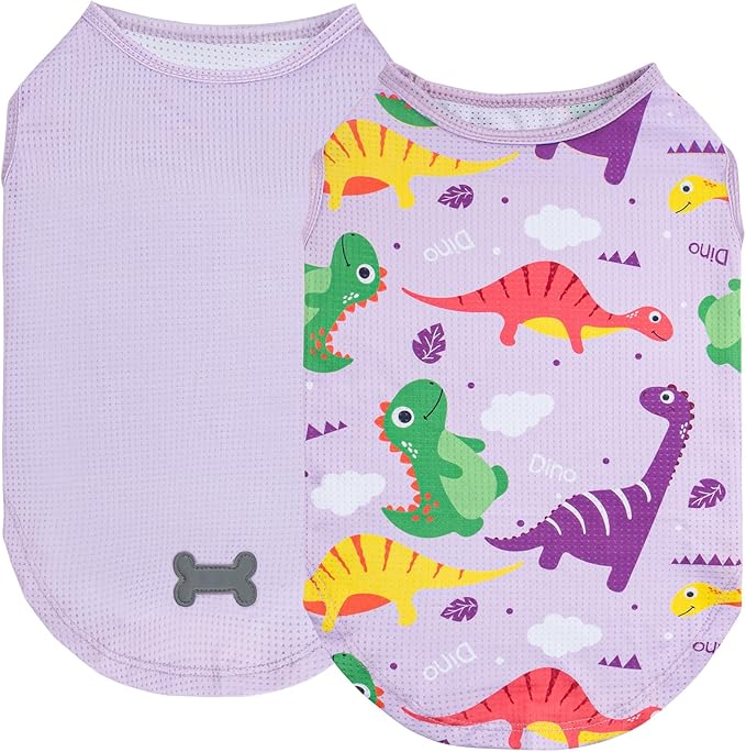 KYEESE 2Pack Dog Shirt, Lightweight Sun Protection Dog T Shirts for Small Dogs Boy Girl, Breathable Mesh Tank Top Sleeveless Pet Reflective Vest, Soft Summer Dogs Clothes, Dinosaur+Purple, L