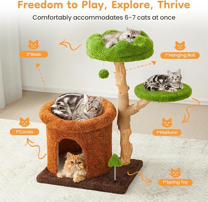 32-Inch Multi-Level Cat Tree Tower, Natural Wood Cat Furniture with Sisal Scratching Posts, Beds & Condo, Cute Cat Tree for Indoor Cats and Multi-Cat Households