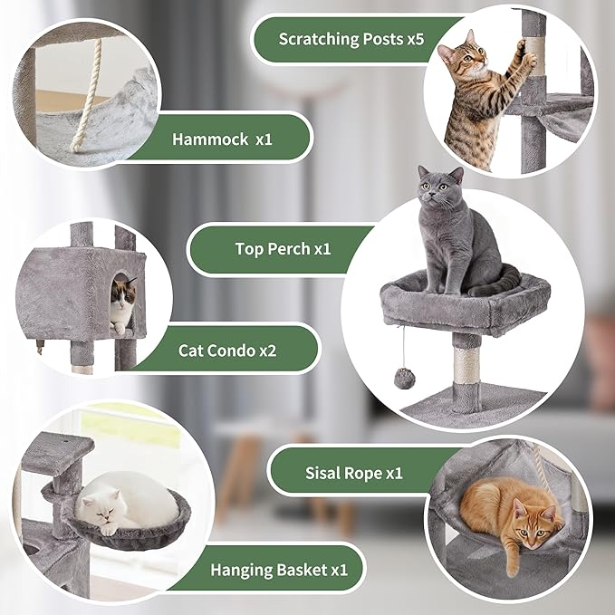 Cat Tree for Indoor Cats, 66 Inches Cat Tower with Scratching Post, Multi-Level Climbing Tree Cat House Padded Plush Perch, Cat Condo Activity Center with Pompoms, Kittens Pet Play House, Light Gray