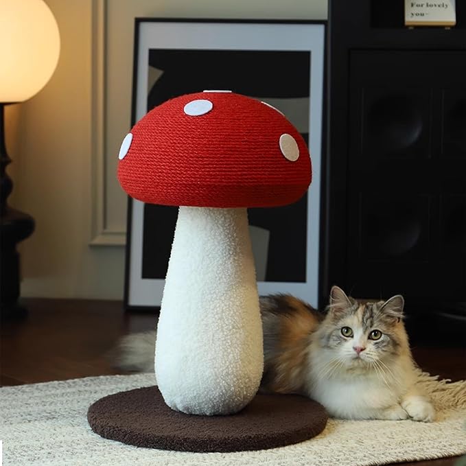 Happy & Polly Mushroom Cat Scratcher Toy, Red and White, Floor Mount, Modern Style, for Indoor Climbing (Red, Large)