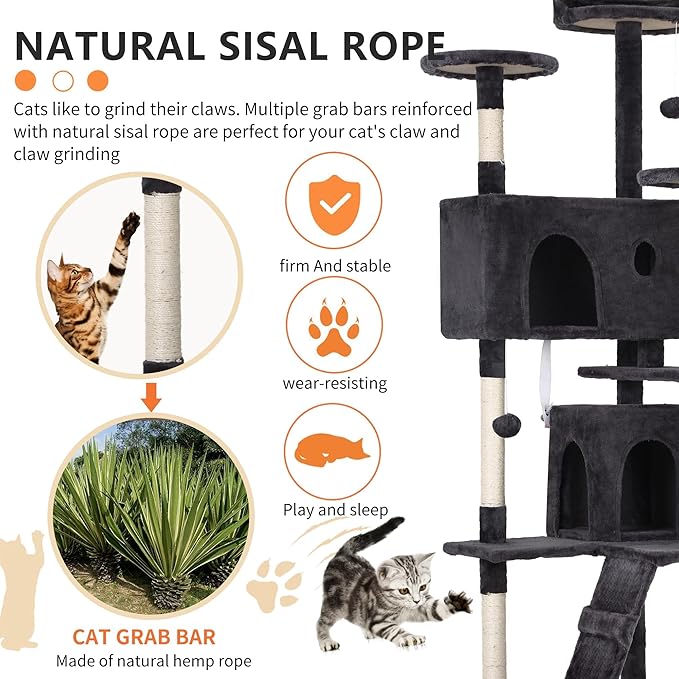 Heavy Duty Cat Tree, 70 Inch Tall Tower With 3 Top Perches Platforms & 2 Cozy Condos, Climbing Tower With Ladders & Sisal Pole, Scratching Tree for Large Cats Play House, Grey