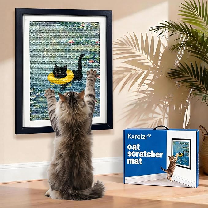 Wall Art Cat Scratcher Mat - Sisal Vertical Cat Scratch Pad with Photo Frame Design, No-Drill Wall-Mounted, 16"x12" Wall & Couch Cat Scratching Mat, 1 Extra Mat Included Free (Pond-Side Cat)