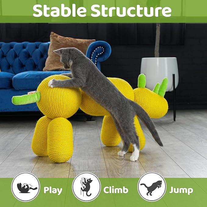 Cat Scratcher, Rhinoceros Cat Tree, Modern Design Pet Furniture, Sisal Scratching Post for Kitten & Adult Cats, Funny Cat Climb Tree Toy (Yellow)