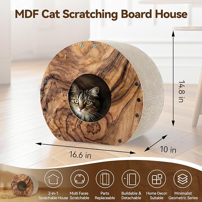 Cat Scratcher House, Cozy Cardboard Design, Safe and Secure for Kittens, Eco-Friendly, Wood Grain (Circle)