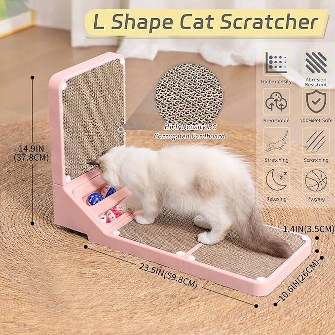Cat Scratcher Cat Scratch Pad L Shape Wall Mounted Dual Use (Vert/Horiz) Kitten Bunifa Scratching Card Board Vertical Post with Ball Toys Feathers,Protecting Furniture Core is Replaceable Large Pink