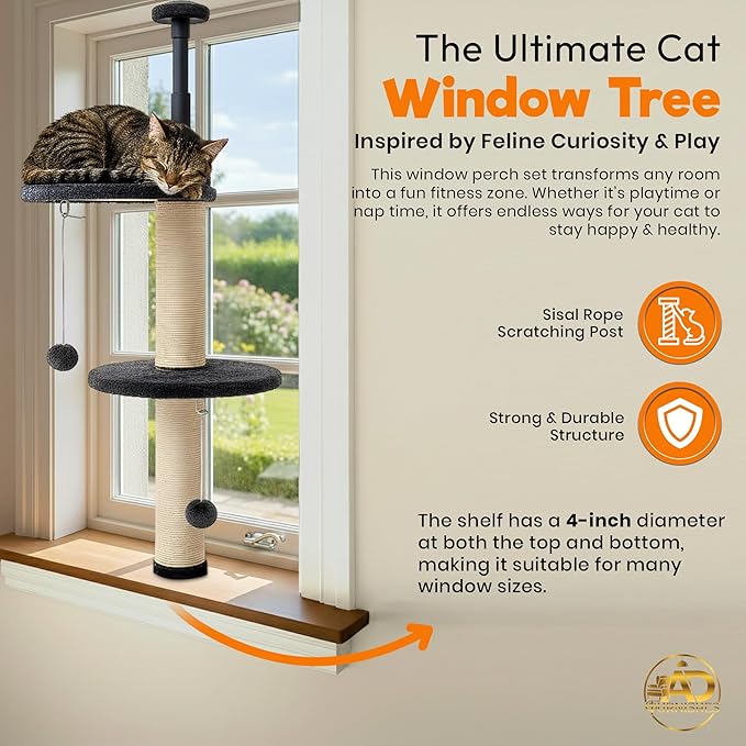 Window Cat Tree & Small Cat Tower (89.5-105.5cm) – Adjustable Cat Window Perch & Shelf for Indoor Cats – Sturdy Window Sill Extender Seat for Large Cats