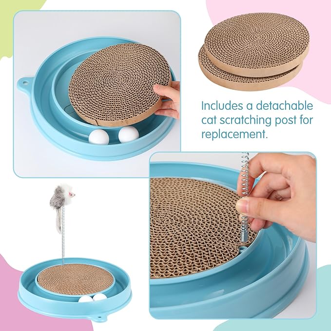 3 Pcs Cat Ball Track Toy, Include 1 Round Cat Scratcher Toy with 2 Cats Scratching Board Pad Replacement, Interactive Toys Track and Plush Mouse Toys for Indoor Cats Kitten