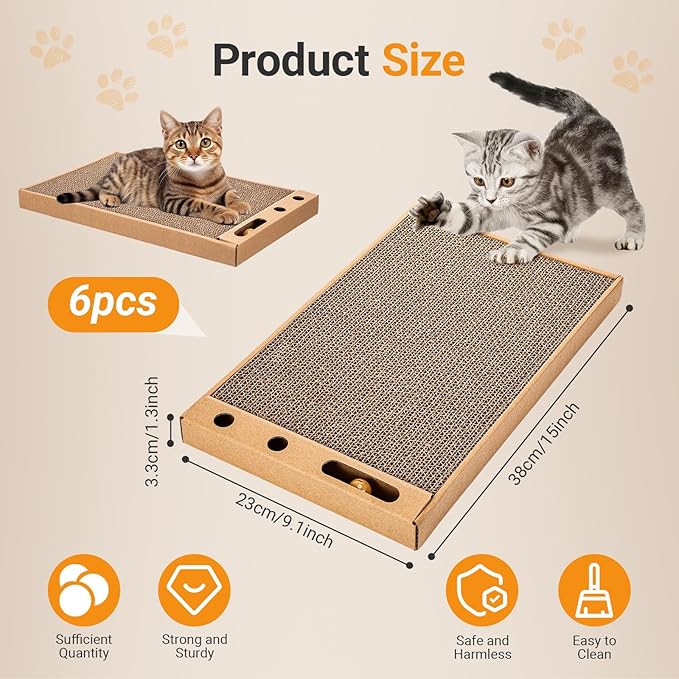 Novabright 6 Pcs Cat Scratching Board Reversible Cardboard Scratcher Wide Cat Scratch Pads with Bell Ball Durable Corrugated Scratch Box Bed for Indoor Kitten Playing Rest Sleep and Protect Furniture