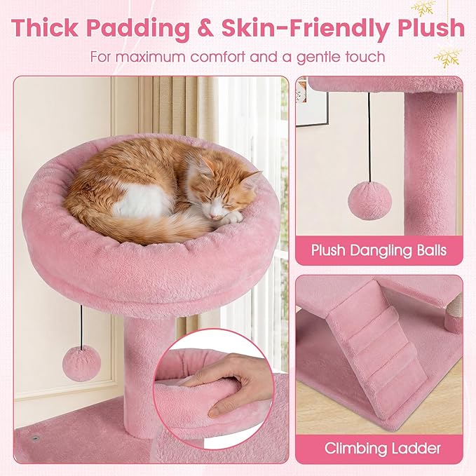 PETSITE 52-inch Cat Tree, Multi-Level Cat Tower with Sisal Scratching Posts, 2 Comfy Condos, Plush Padded Soft Top Perch, Dangling Balls, and Climbing Ladder, Ideal for Indoor Cats (Pink)