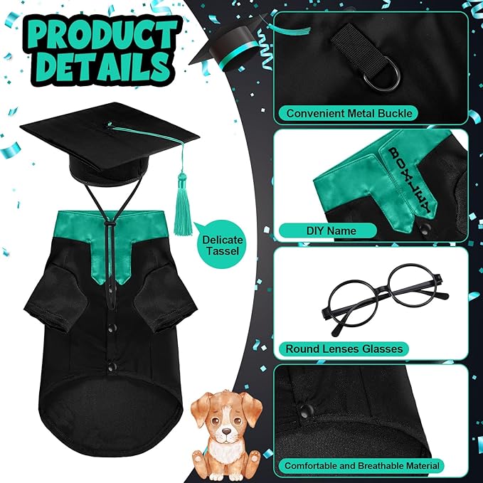 5 Pcs Dog Graduation Costume Set Include 2026 Pet Graduation Gown with Stole Puppy Grad Cap Lensless Glasses DIY Letter Stickers for Dogs Cats Holiday Costume Accessory(Black Green,L)