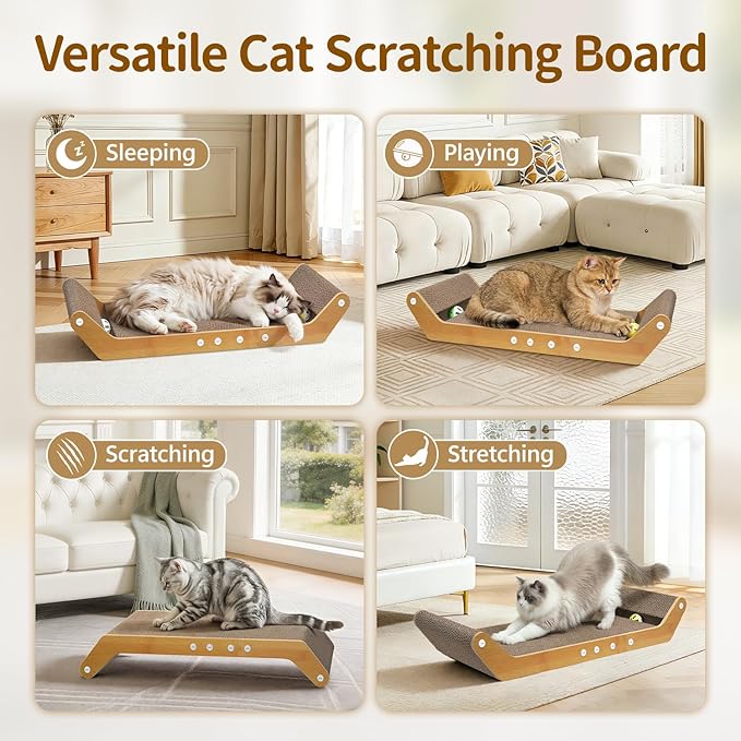 Modern Cat Scratcher Pad Cardboard for Indoor, 23.8" Scratching Lounger Board with Ball Track for Kittens & Large Cats, 3 in 1 Floor Horizontal Bed for Furniture Protection
