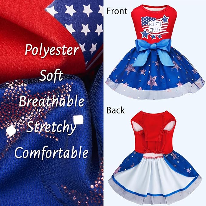 XPUDAC 4th of July Tulle Dog Dress Patriotic Clothes Doggie Outfit with Bow Independence Stars Skirt Pet Holiday Apparel for Small Dog Girl Cat, L