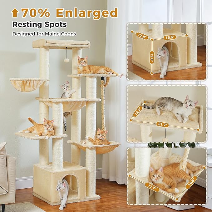 PETEPELA 67" XXL Cat Tree for Large Cats up to 25 lbs, Heavy Duty Cat Tower w/13 Extra-Thick Sisal Scratching Posts [φ4.3”], Cat Furniture with Metal Frame Hammock & XL Condo for Maine Coon, Beige