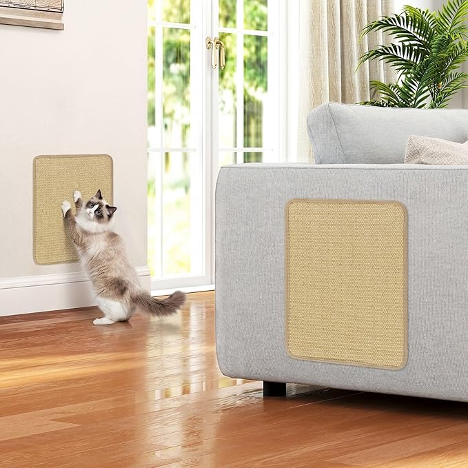 PETSITE Cat Scratcher Mat, Natural Sisal Scratching Mats, Horizontal Cat Floor Scratching Pad Rug with Adhesive Hook Loop Tapes (12, 15.75 x 11.81 in)