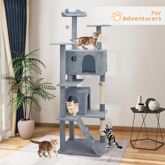Tall Cat Tree with Scratching Post, 2 Cat Condos and Ladder, Cat Tower for Indoor Cats Kittens Climbing Tower with Anti-Tipping Rope, 77 Inch, Light Gray