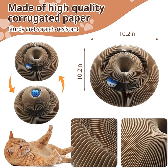 Kitty Kurlz Cat Scratcher Magic Organ Cat Scratching Board with Bell Ball,Foldable Accordion Kitty Curls Cat Scratcher,Kitty kurlz Cat Toy for Indoor Cats,Beige