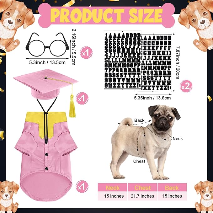 5 Pcs Dog Graduation Costume Set Include 2026 Pet Graduation Gown with Stole Puppy Grad Cap Lensless Glasses DIY Letter Stickers for Dogs Cats Holiday Costume Accessory(Pink Yellow,M)