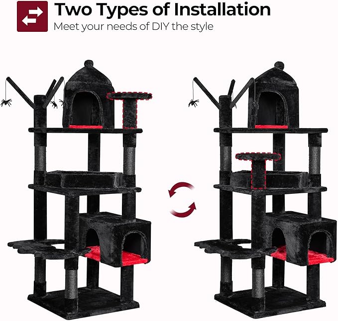 BEWISHOME Heavy Duty Cat Tree, 63 in Large Cat Trees Gothic Cat Tower with Coffin Bed, Cat Houses with Scratching Posts for Large Cats 20 lbs+, Tall cat Condos, Black & Red MMJ96R