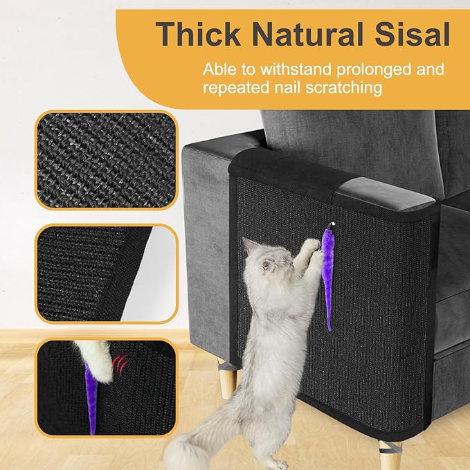 Cat Scratch Couch Protector,Cat Scratch Sofa Armrest Cover with Sisal Mat and Toy for Cats,Sofa Scratcher Furniture Protector 23.6’’L*19.7’’W (Black/Right Hand)